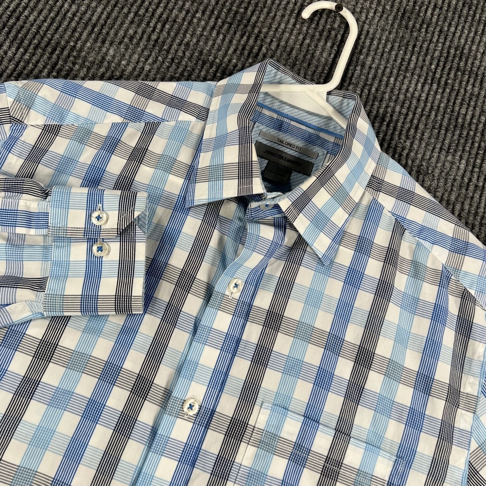Johnston & Murphy Shirt Mens Medium Blue Plaid Long Sleeve Button Up Tailored Ft